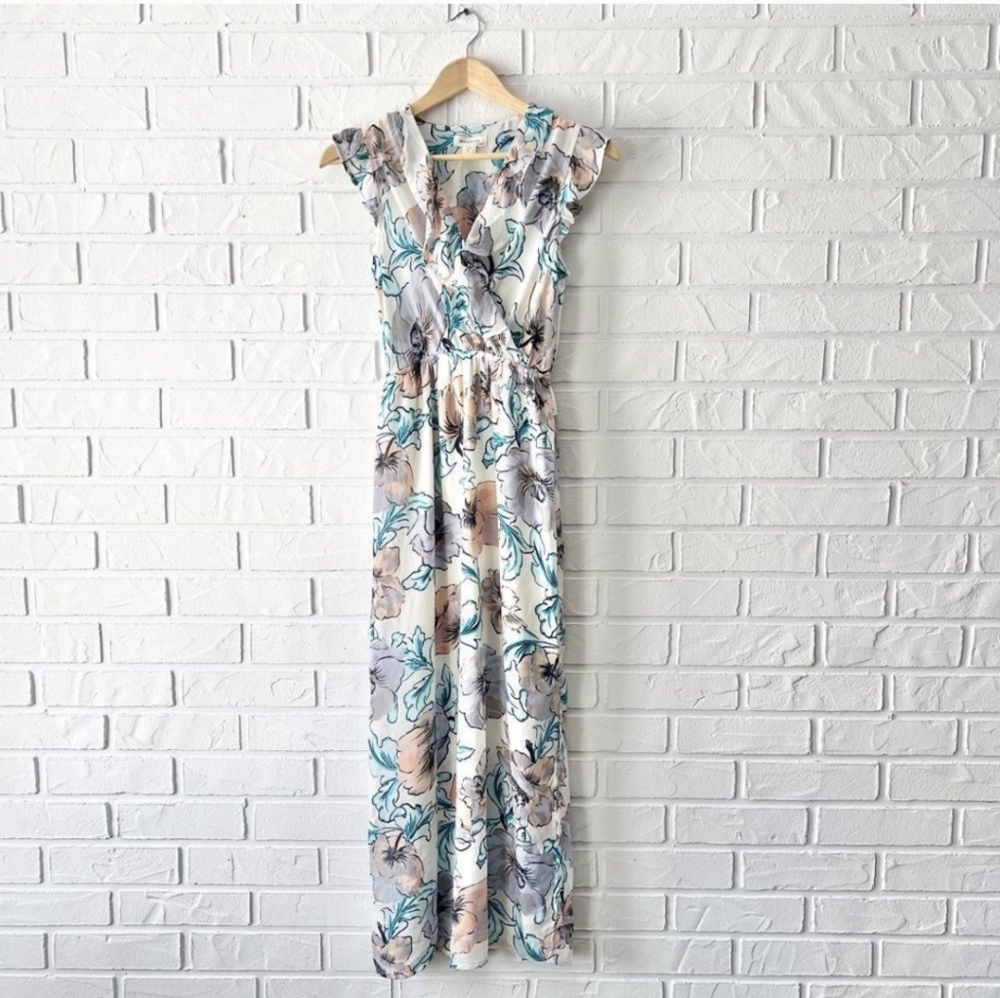 Boho white floral chiffon wrap front side slit maxi dress S